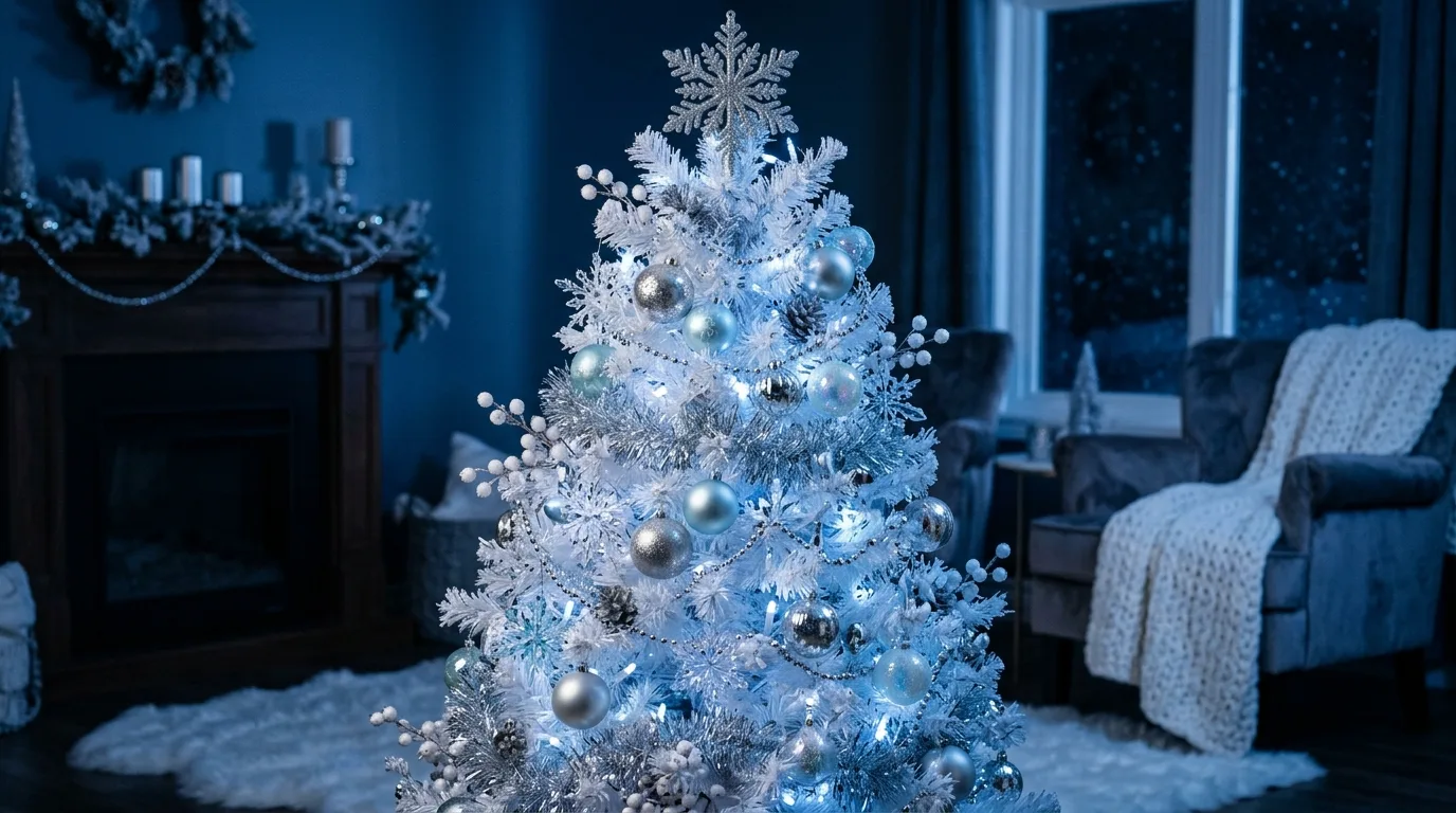 White Christmas tree with icy blue and silver decorations.